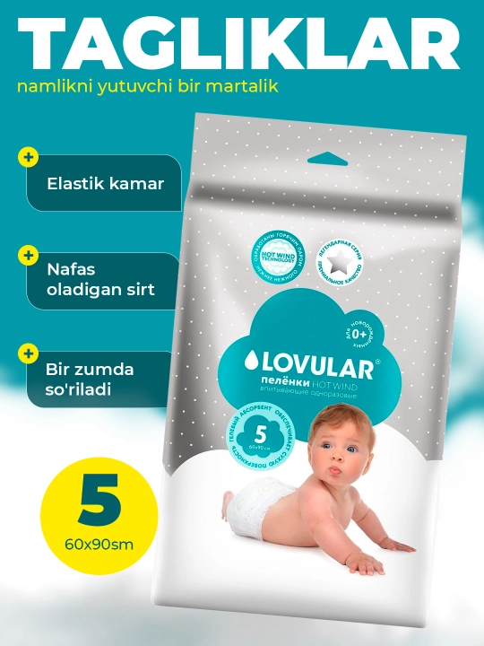 Lovular Hot Wind bir martalik tagliklari, yangi tug'ilgan chaqaloqlar uchun, 5 dona, 60 * 90 sm