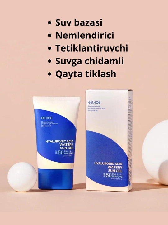 Yuz va tana uchun quyoshdan himoyalovchi gel, sprey, oqartiruvchi, namlantiruvchi, SPF 50+