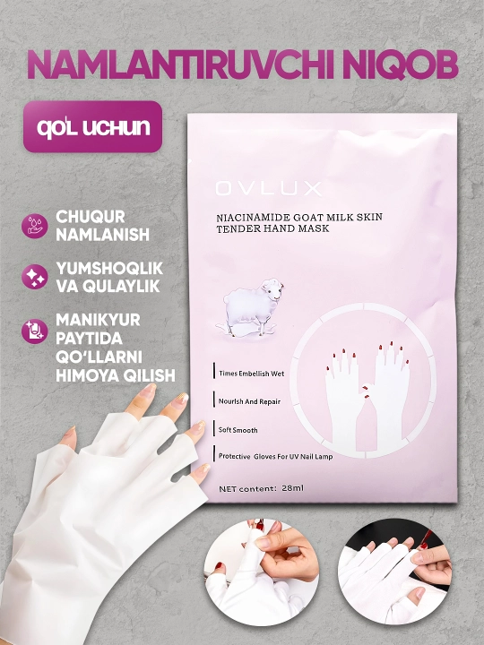 Qo'llar uchun namlovchi niqob-qo'lqop, 28 ml, nikotinamid bilan echki sutili