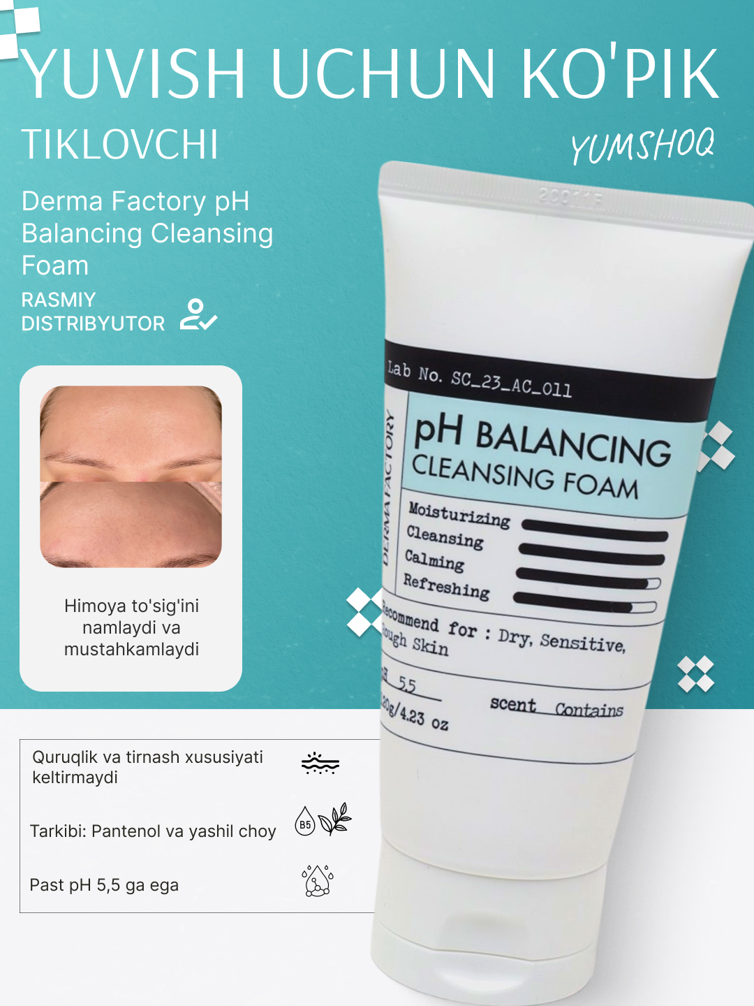 Terining pH balansini tiklovchi ko'pik Derma Factory pH Balancing Cleansing Foam, 120 g - 