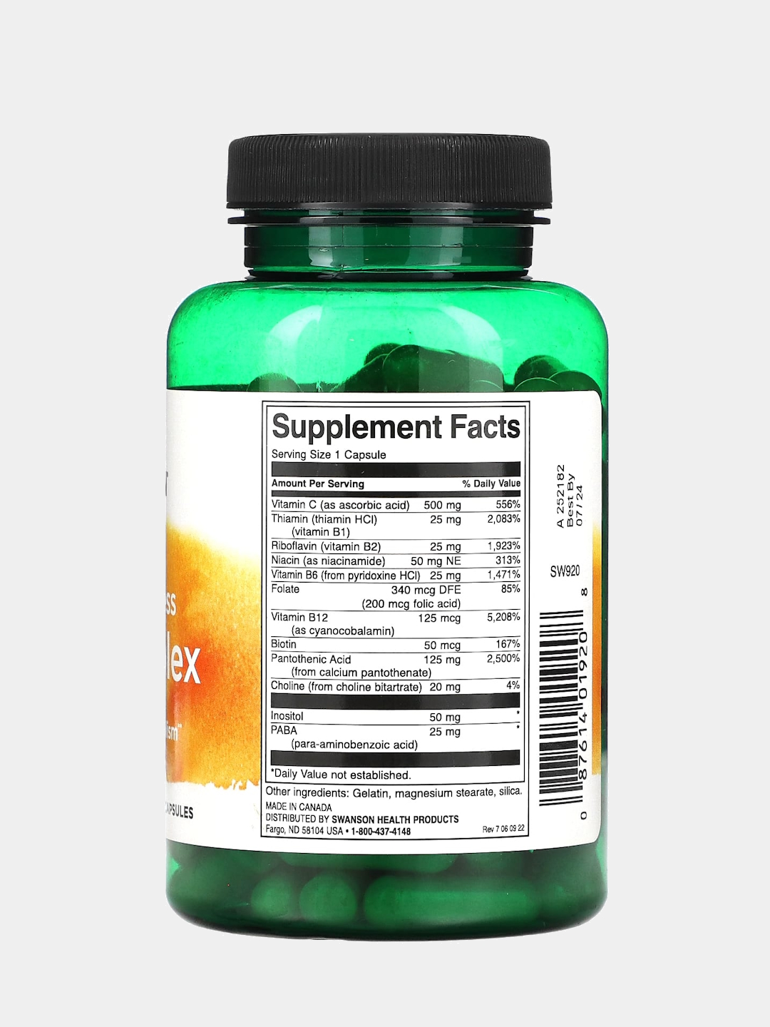 Swanson, B guruh (B-complex) vitaminlari C vitamini bilan, kapsulalar
