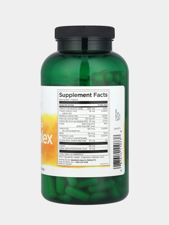 Swanson, B guruh (B-complex) vitaminlari C vitamini bilan, kapsulalar
