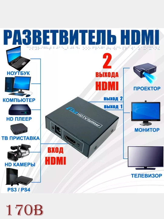 HDMI разветвитель сплиттер делитель на 2 ver 1.4 3D 4K - 