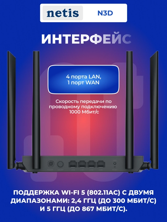 Wi-Fi router, Netis N3D AC1200 router, 3xLAN, 4x antenna