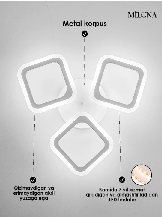 Qandil LED, 3 xil yoritish rejimli, pult bilan, yotoqxona, zal, koridor uchun