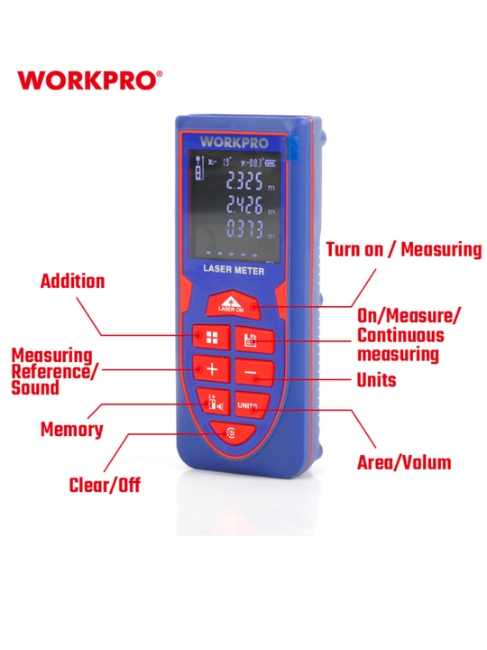 WORKPRO lazerli masofa o'lchagich 60 m, ±2 mm aniqlik, maydon/hajm o'lchash, USB zaryad