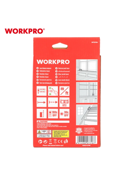 WORKPRO lazerli masofa o'lchagich 60 m, ±2 mm aniqlik, maydon/hajm o'lchash, USB zaryad
