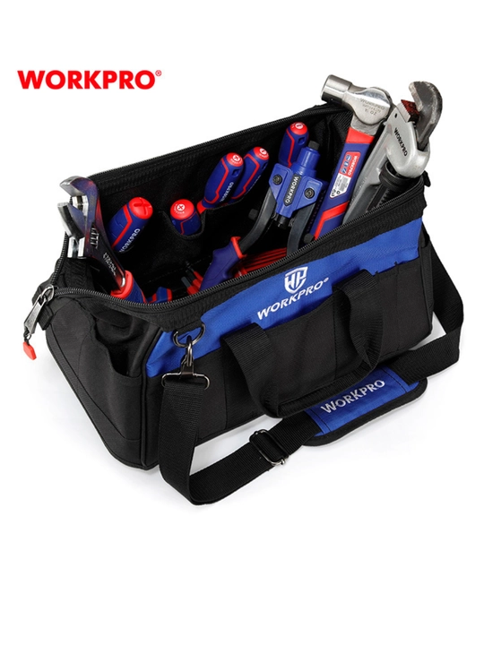 WORKPRO asboblar sumkasi, poliester 840D, suv o‘tkazmaydigan, elka tasmasi va cho‘ntaklar