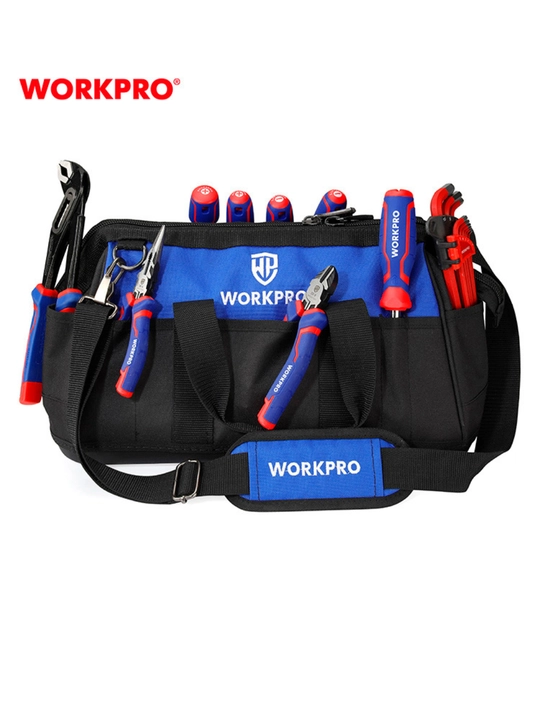 WORKPRO asboblar sumkasi, poliester 840D, suv o‘tkazmaydigan, elka tasmasi va cho‘ntaklar