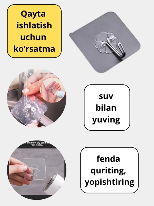 Ilgaklar 4 dona, vannaxona va oshxona uchun devorga osiladigan o‘zi yopishadigan ilgaklar, o‘zi yopishadigan metall ilgaklar