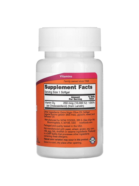 NOW Foods, D3 vitamini, yuqori quvvat, 10 000 IU, 120 kapsulalar