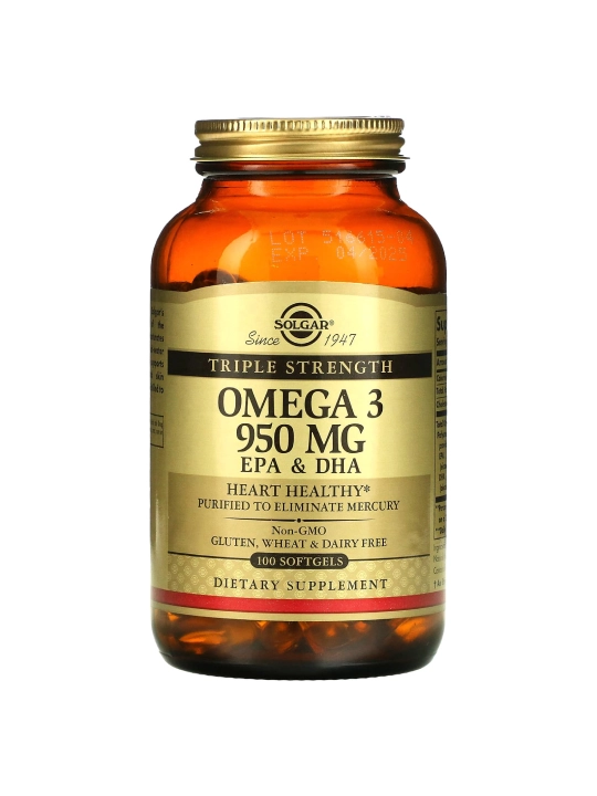 Solgar, Omega-3, EPK va DHA, uch babobar kuchli, 950 mg, 100 kapsulalar