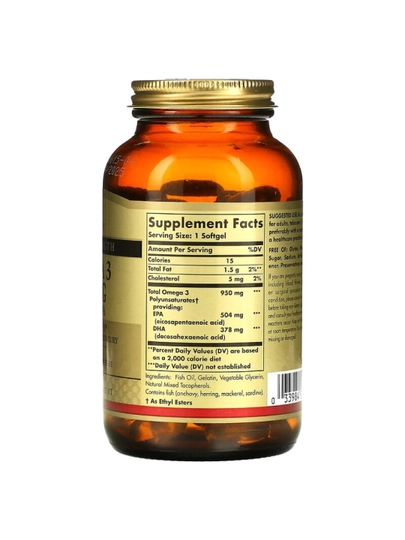 Solgar, Omega-3, EPK va DHA, uch babobar kuchli, 950 mg, 100 kapsulalar