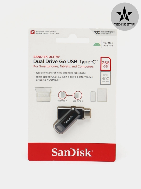Флешка Sandisk Ultra Dual Drive Type-C 128/256 Gb 400Mb/s Usb 3.2, iOS/Android/Windows