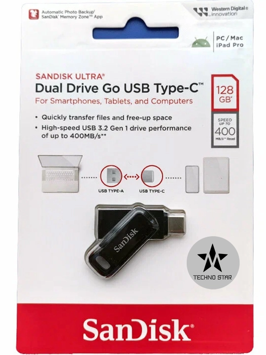 Флешка Sandisk Ultra Dual Drive Type-C 128/256 Gb 400Mb/s Usb 3.2, iOS/Android/Windows