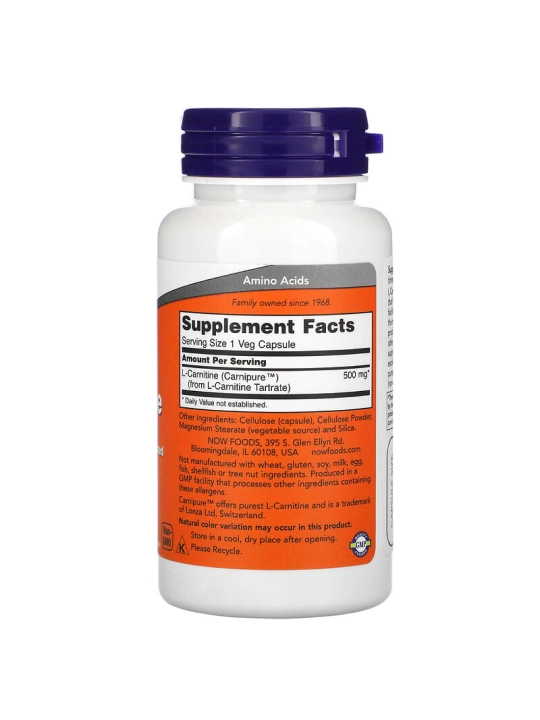 NOW Foods, L-карнитин, 500 мг, 60 растительных капсул