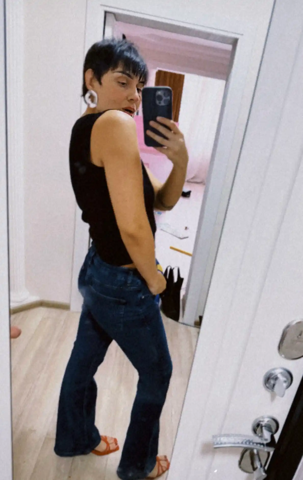 Jinsi shim bootcut o'rta o'tirish, 100% paxta