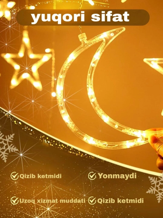 Bayram bezaklari Ramazon muborak gulchambari girlyanda oy va yulduz uyga, mashinaga, 3 m
