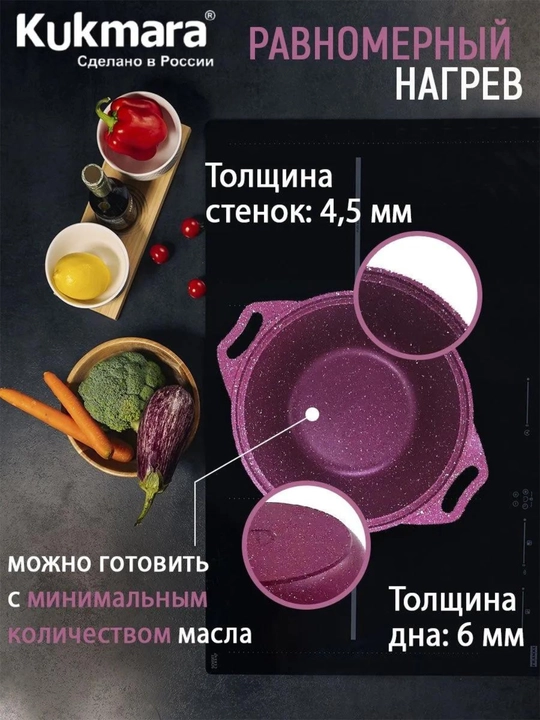 Kastryulya Kukmara Trendy Style, shisha qopqoq bilan, yopishmaydigan qoplama