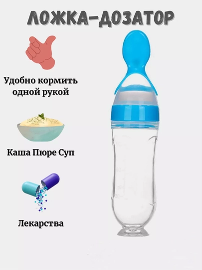 Бутылочка с ложкой, для удобного и легкого кормления младенцев, бутылка силиконовая — BEBETTO-BUTIL6-ГОЛУБ