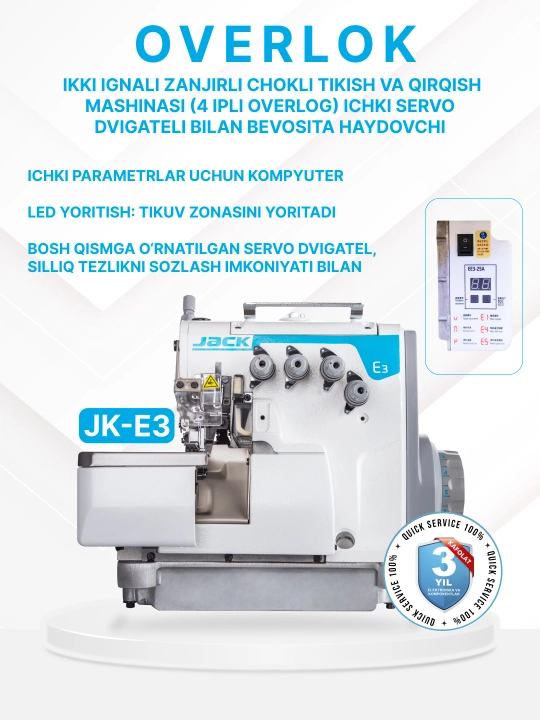 Tikuv mashinasi overlok Jack E3-4-M2-24, 4 ipli sanoat overlok mashina, servo, LED, stol