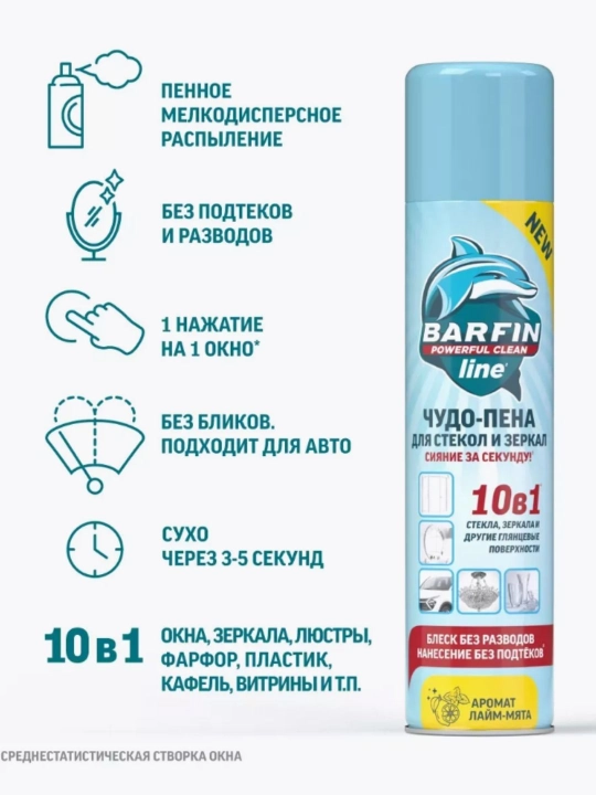 Средство для мытья окон, стекол и зеркал без разводов Barfin, лайм-мята, 300 мл
