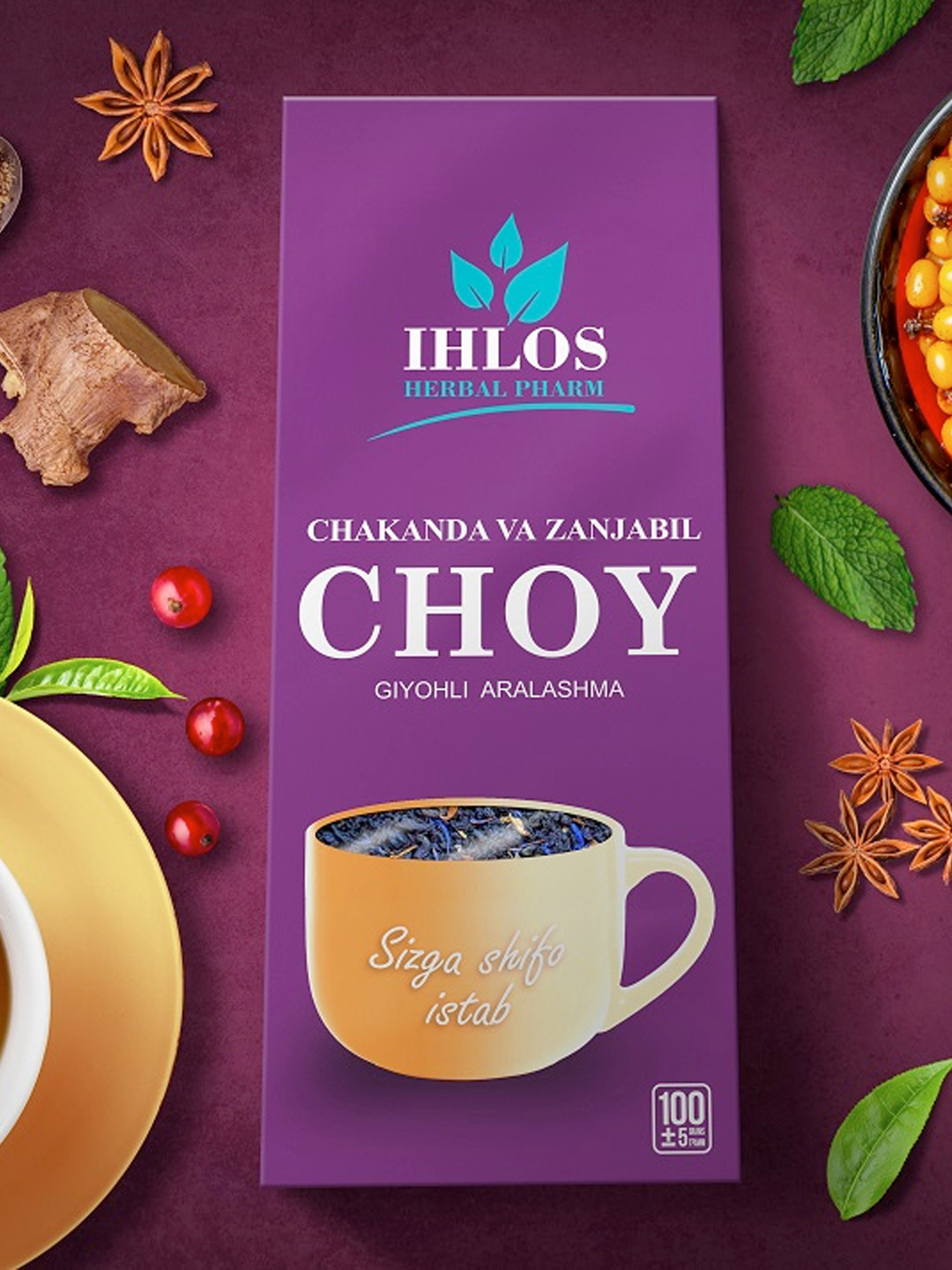 Bargli qora choy (o'simlik aralashmasi) zanjabil bilan dengiz itshumurt Ihlos, 100 g