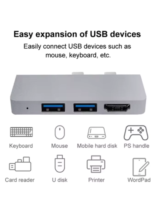 Surface Pro 8/9/10 uchun kop funksiyali hub: HDMI, 2 USB-A, Type-C, SD/TF karta oqish