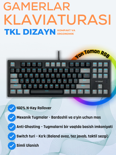 EYOOSO K620 Механическая Клавиатура – 87 Клавиш, Blue/Red Switch, Для Игры и Работы