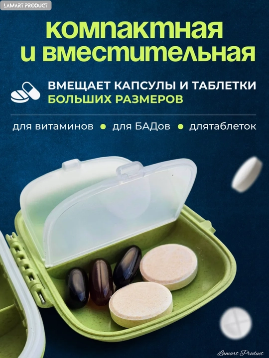 Таблетница, контейнер для бадов, лекарств и витаминов, органайзер портативный для таблеток
