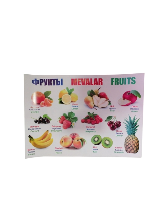 Bolalar uchun alifbo, hayvonlar, mevalar, sabzavotlar bilan plakat - 