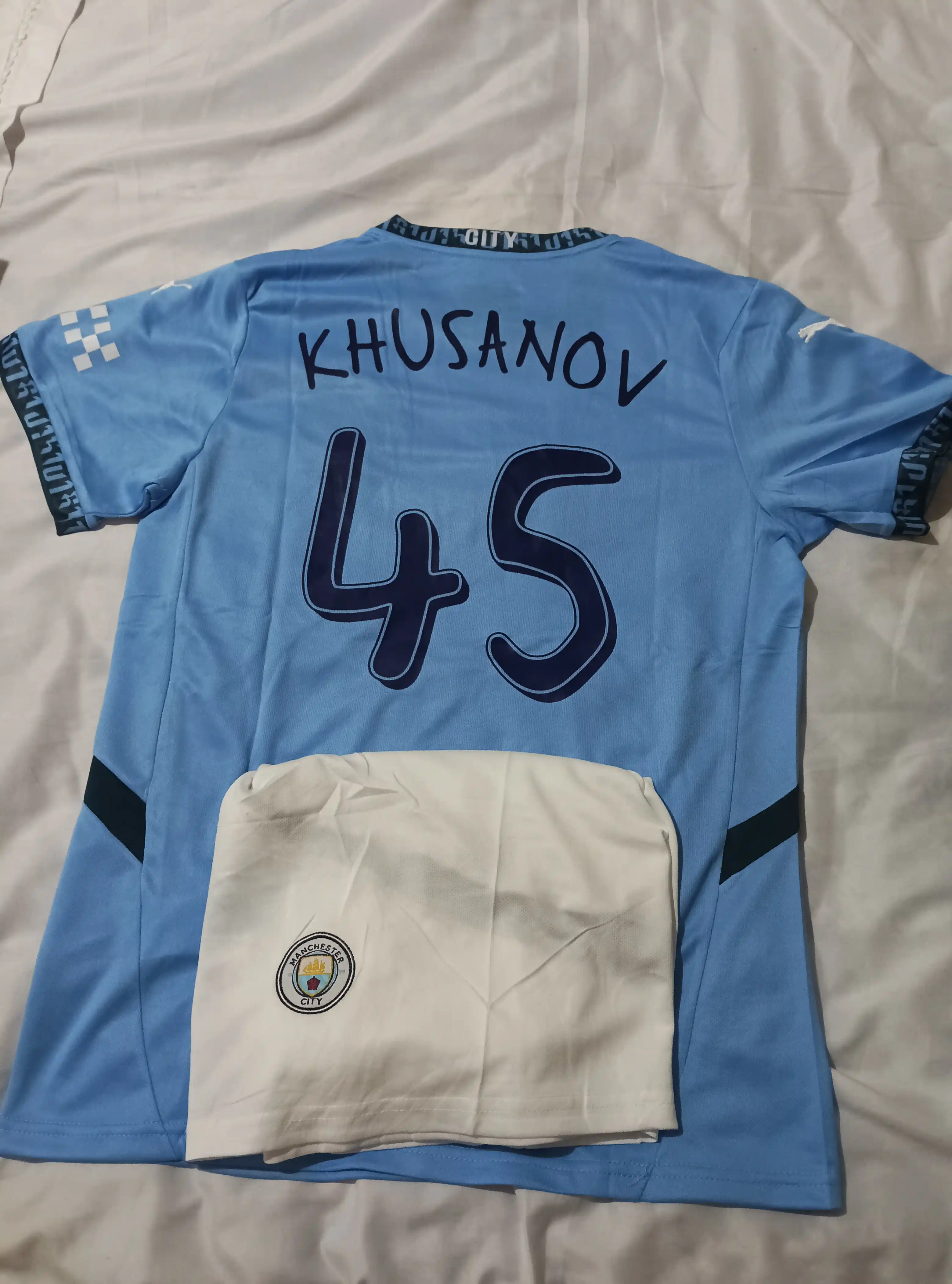 Форма Хусанов, футболка и шорты, Manchester City 45, Uzbekistan 2 — для взрослых и детей