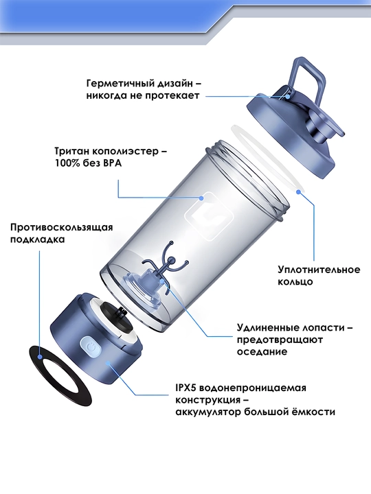 Sport shaker shishasi, elektr blender bilan protein, koktellar, suv uchun