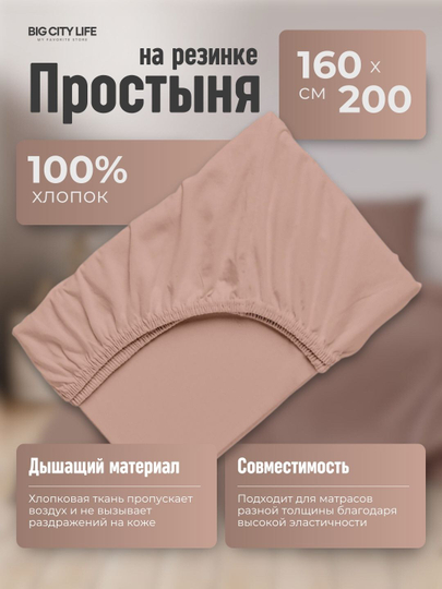 Простынь на резинке, поплин, 100% хлопок