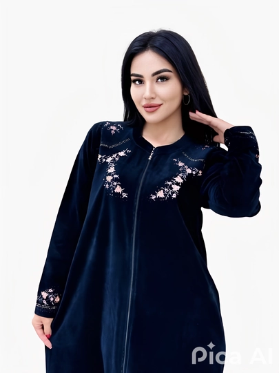 Xalat ayollar uchun, velyur, uy uchun, to'q ko'k rang - 