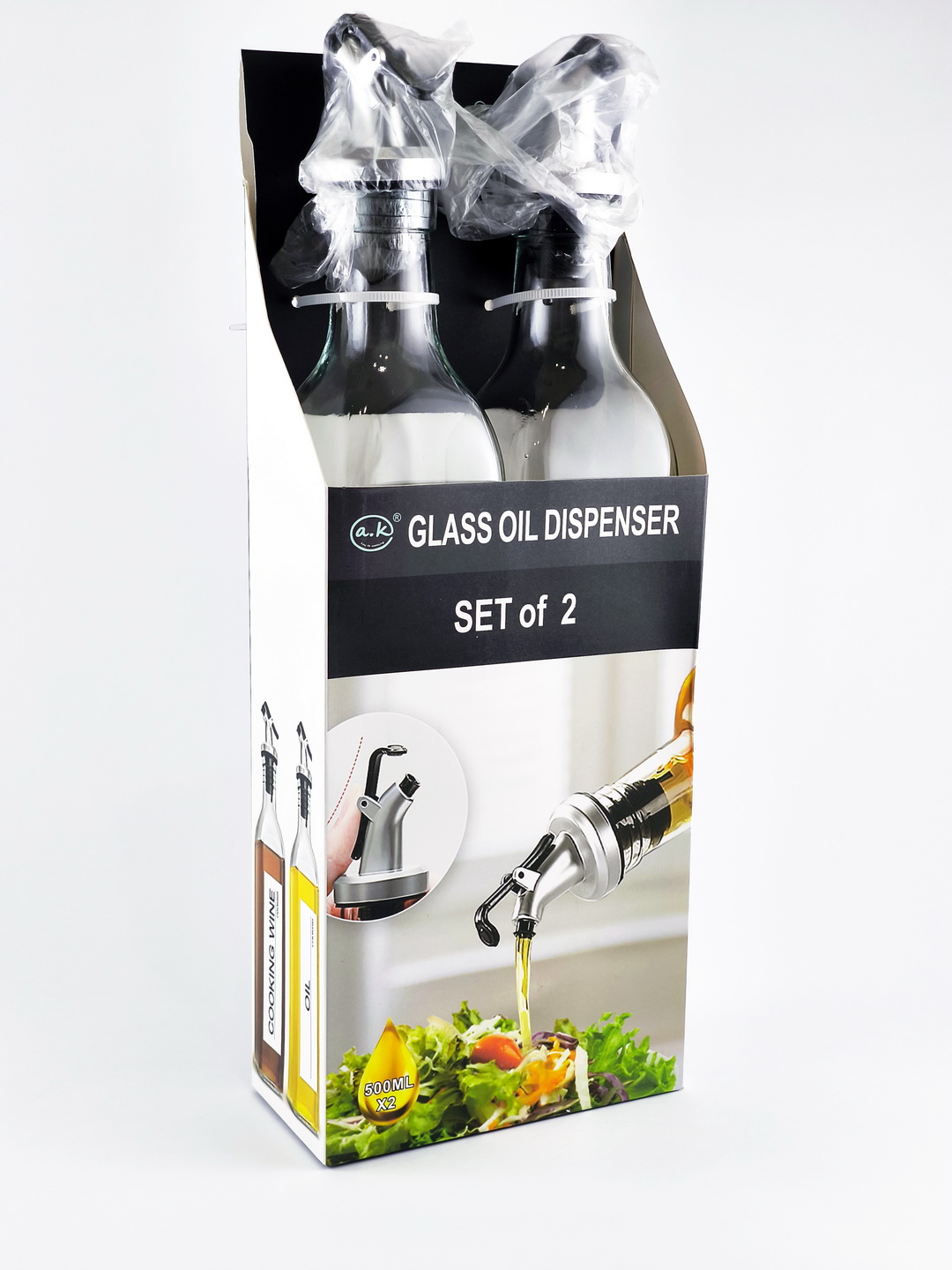 Yog‘ shishasi, sous, limon sharbati uchun dispenser, to‘plamda 500 ml dan 2 dona