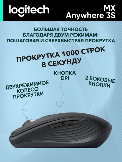 Simsiz sichqoncha, 2,4 GHz, Bluetooth, LOGITECH MX Anywhere 3S