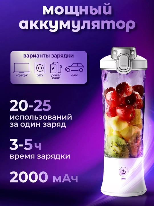 Portativ blender, qo‘l mini-sheykeri, 3 tasi 1 da, smuzi tayyorlash uchun, kuchli, 600 ml