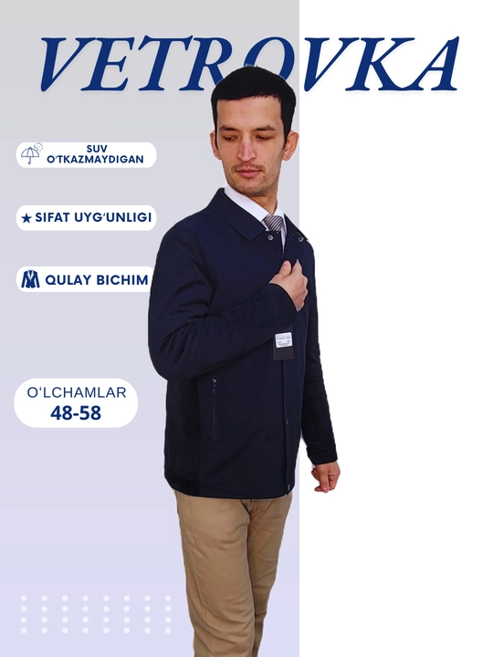 Erkaklar uchun klassik vetrovka, sun'iy zamsh va plashovka, 48-58 gacha