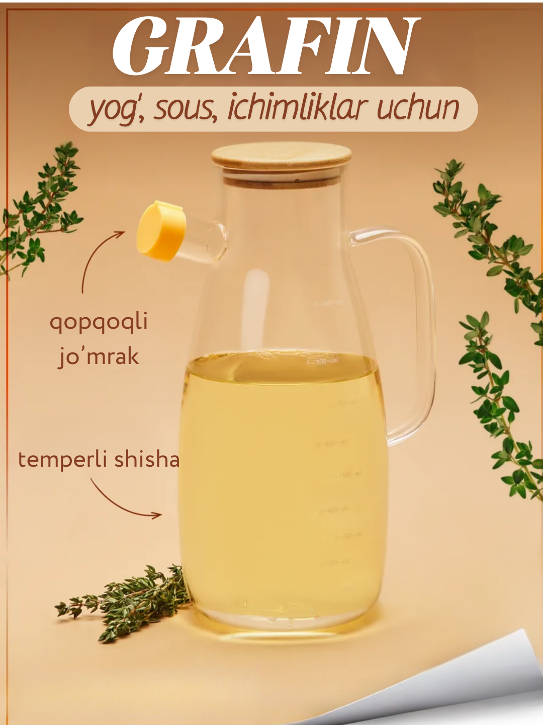 Yog' uchun idish, sirka, sous uchun shisha butilka dozator, 1 litr germetik qopqoqli - 