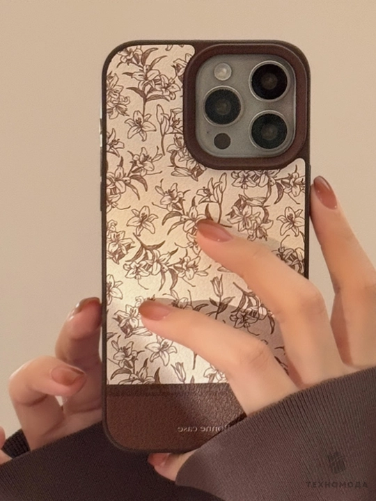 Gul naqshli retro dizaynlik chexol, iPhone 11/12/13/14/15/16 Pro/Max uchun