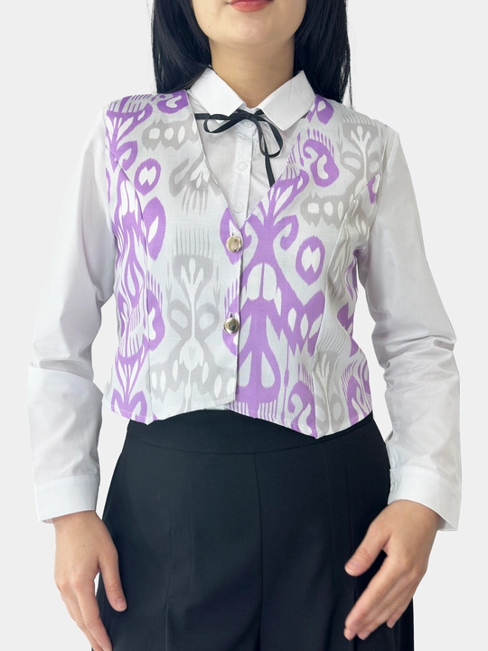 Klassik jaket adras matodan tugma qadalgan ayol qizlar milliy nimchasi
