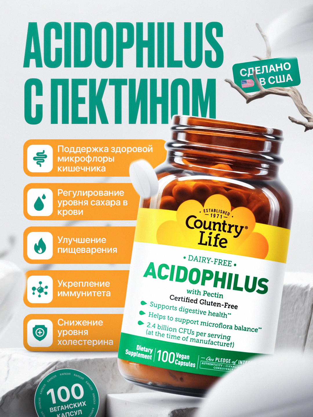 Acidophilus, pektinli atsidofil laktobakteriyalar qo'shimchasi, 100 ta vegan kapsulalari - 