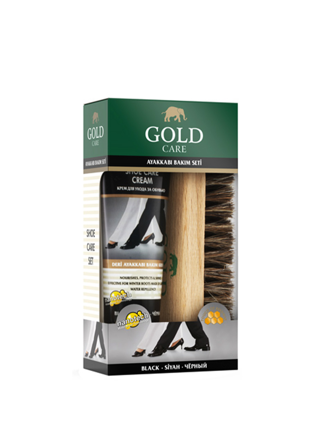 Oyoq kiyim parvarish qilish to'plami Gold Care, parvarish kremİ 80 ml ​​va yog'och cho'tka