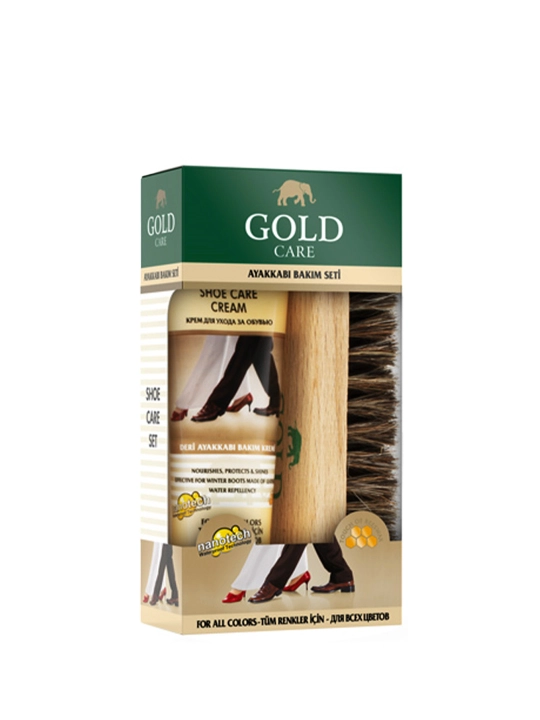Oyoq kiyim parvarish qilish to'plami Gold Care, parvarish kremİ 80 ml ​​va yog'och cho'tka