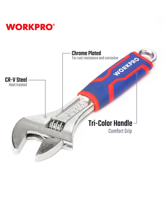 WORKPRO 150 mm o‘zgaruvchan kalit, xrom-vanadiy po‘lat, dyuym o‘lchovi, ergonomik tutqich