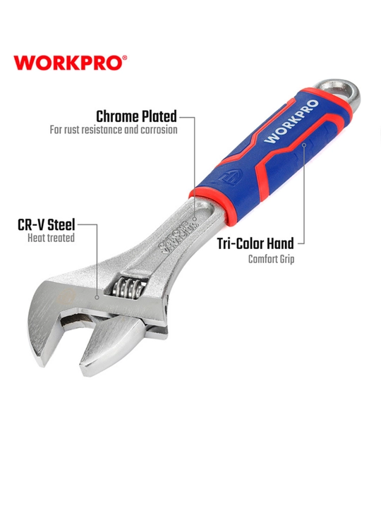 WORKPRO 150 mm o‘zgaruvchan kalit, xrom-vanadiy po‘lat, dyuym o‘lchovi, ergonomik tutqich