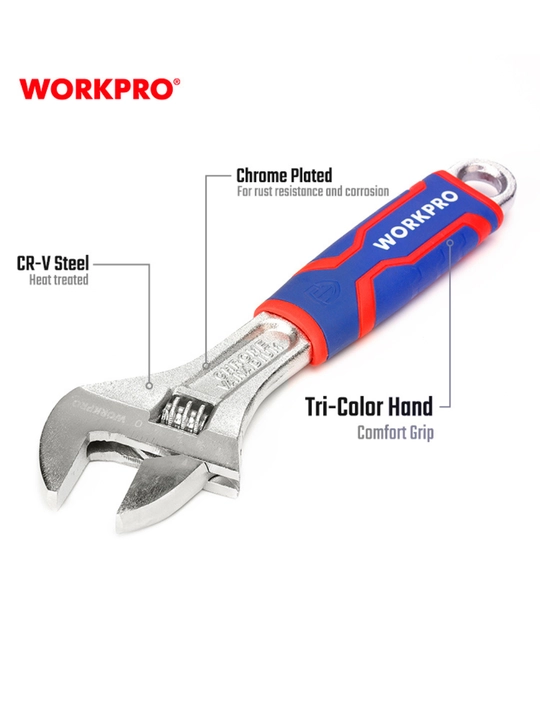 WORKPRO 150 mm o‘zgaruvchan kalit, xrom-vanadiy po‘lat, dyuym o‘lchovi, ergonomik tutqich
