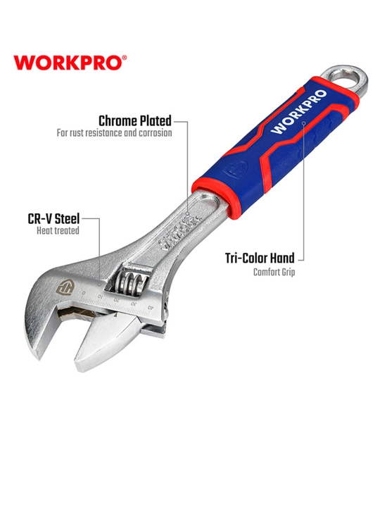 WORKPRO 150 mm o‘zgaruvchan kalit, xrom-vanadiy po‘lat, dyuym o‘lchovi, ergonomik tutqich