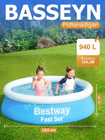 Семейный надувной бассейн Fast Set Bestway, 57392, винил, голубой, 183 х 51 см, 940 л — DELFINN-57392